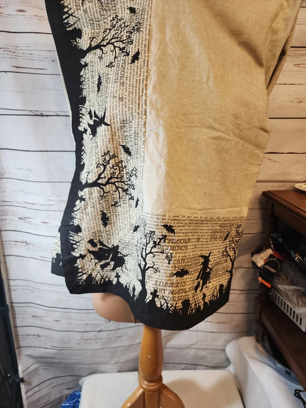 Beige and Black Halloween Dinner Table Cloth Vintage Print Witches Bats Trees